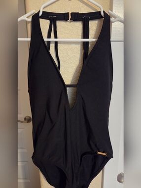 Vince Camuto Black Top with Gold Logo Plaque